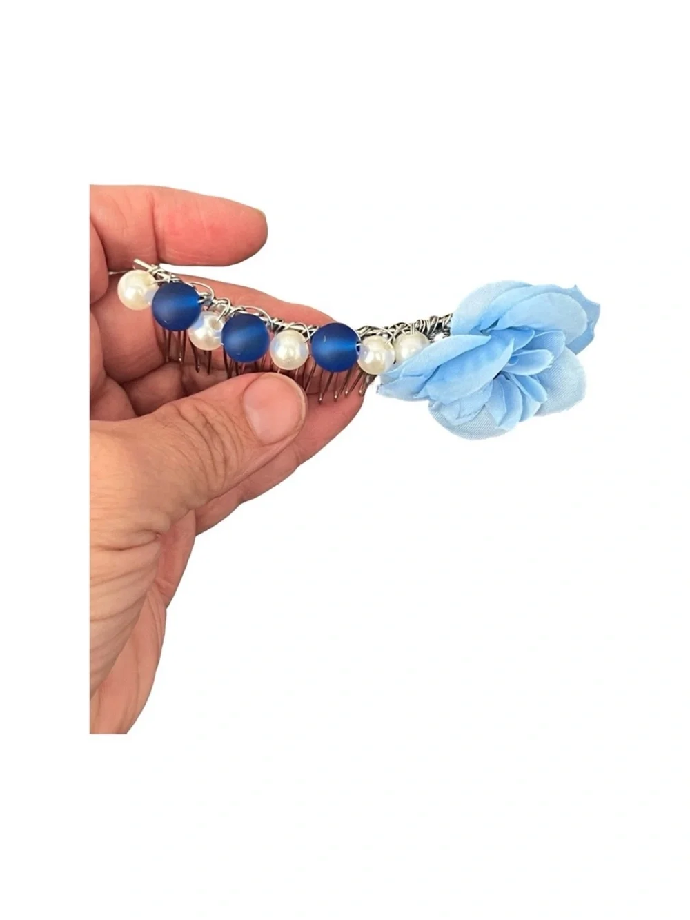 Elegant Blue Floral White Beaded Hair Comb 3.0”FINAL PRICE DROP